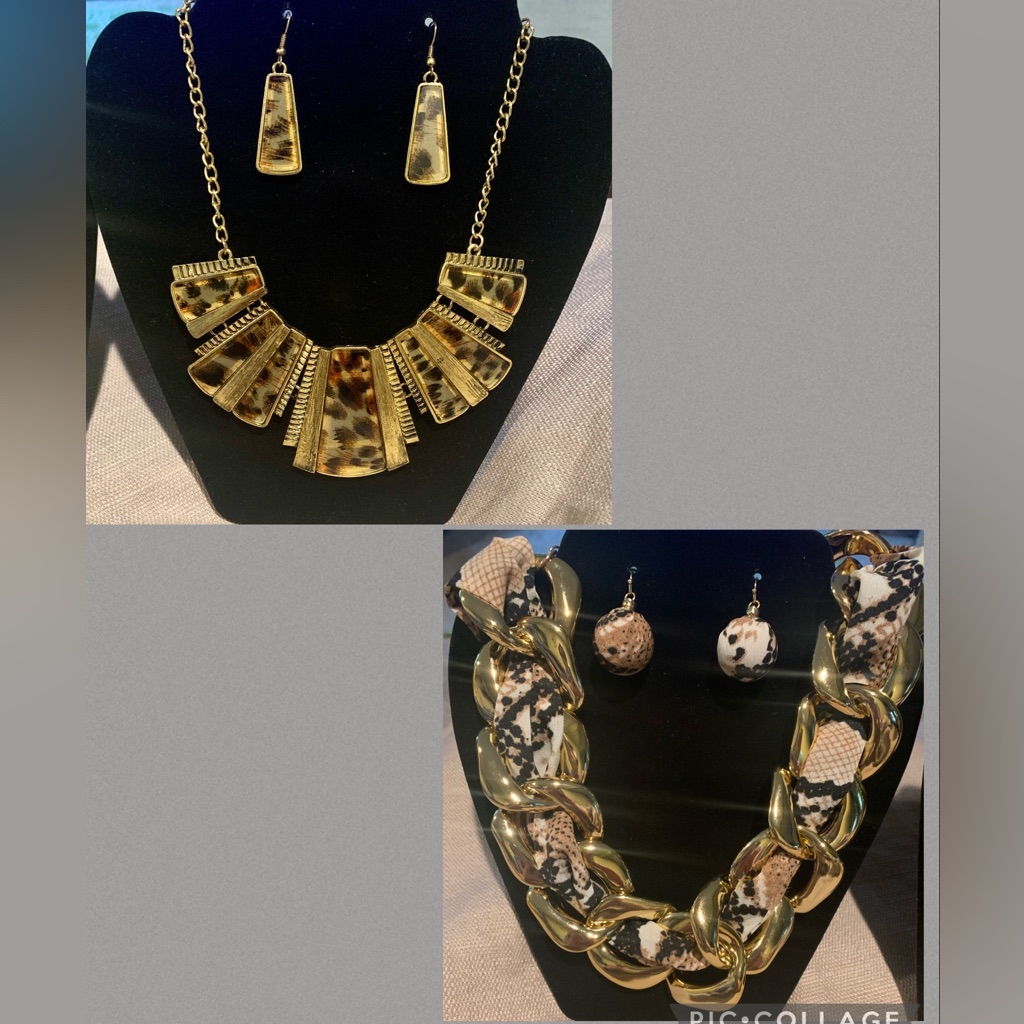 Animal Print Leopard Snake Python Statement Necklace Earrings Set Gold Tone 15$